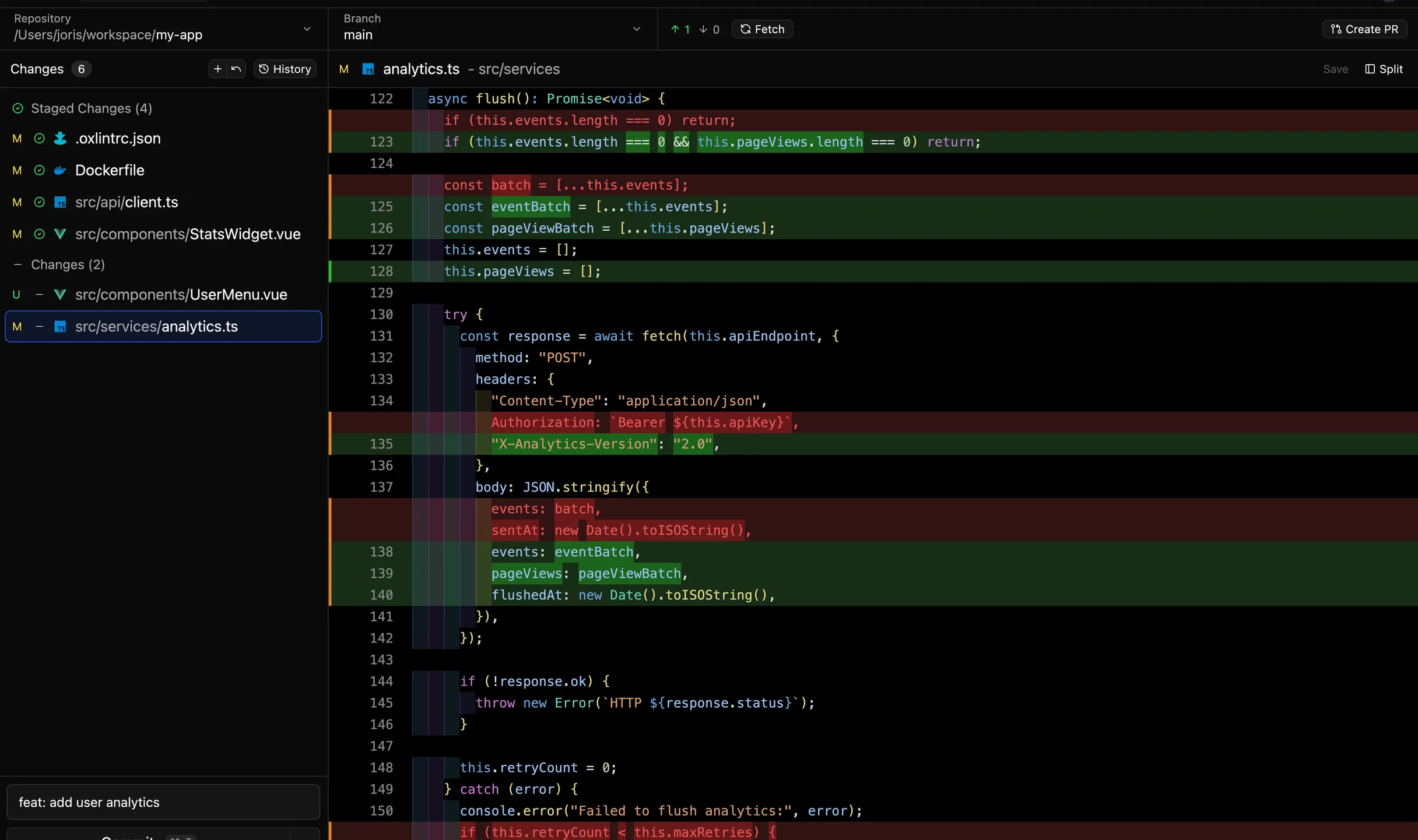 Reviu Git conflict resolution screenshot in dark mode
