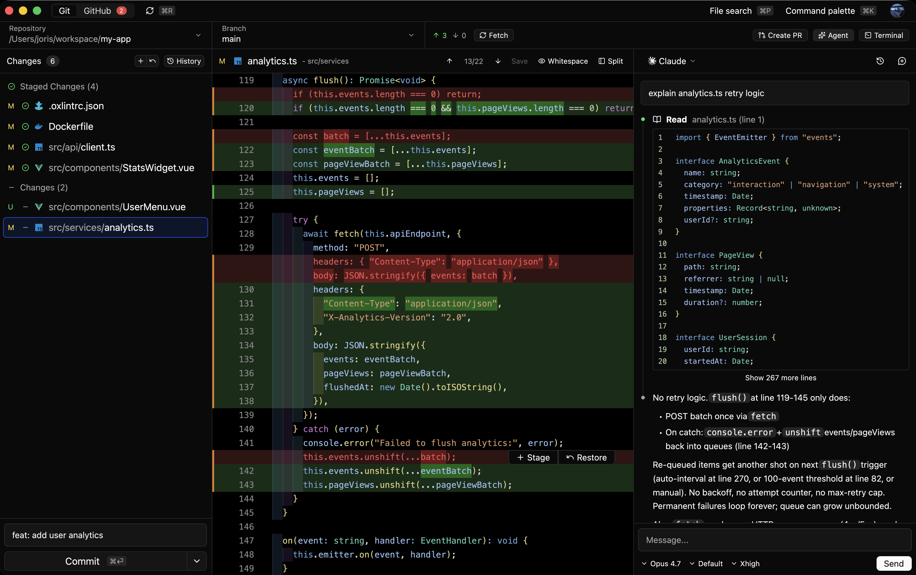 Reviu local Git screen with staged and unstaged files plus a split diff.