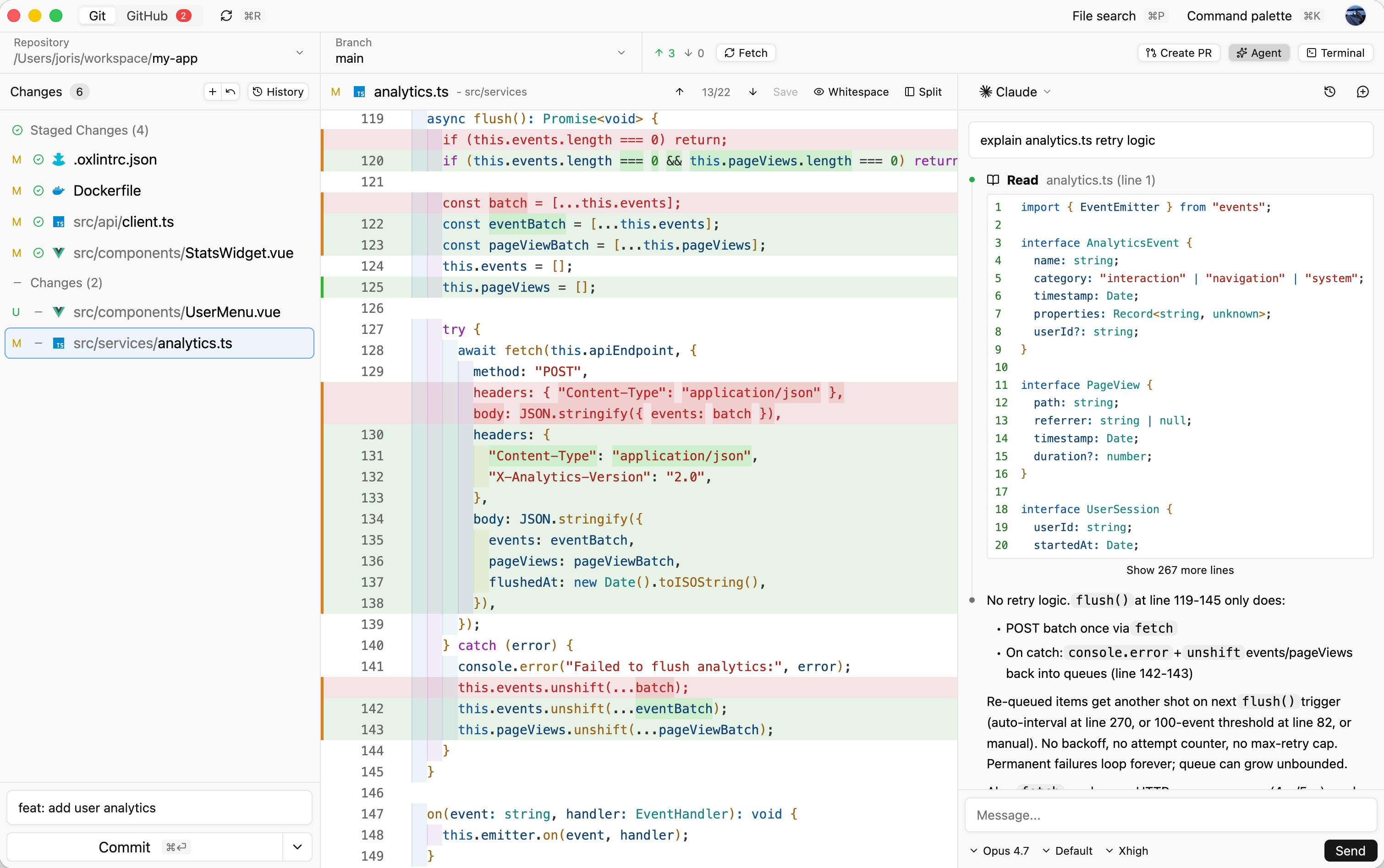 Reviu local Git screen with staged and unstaged files plus a split diff.