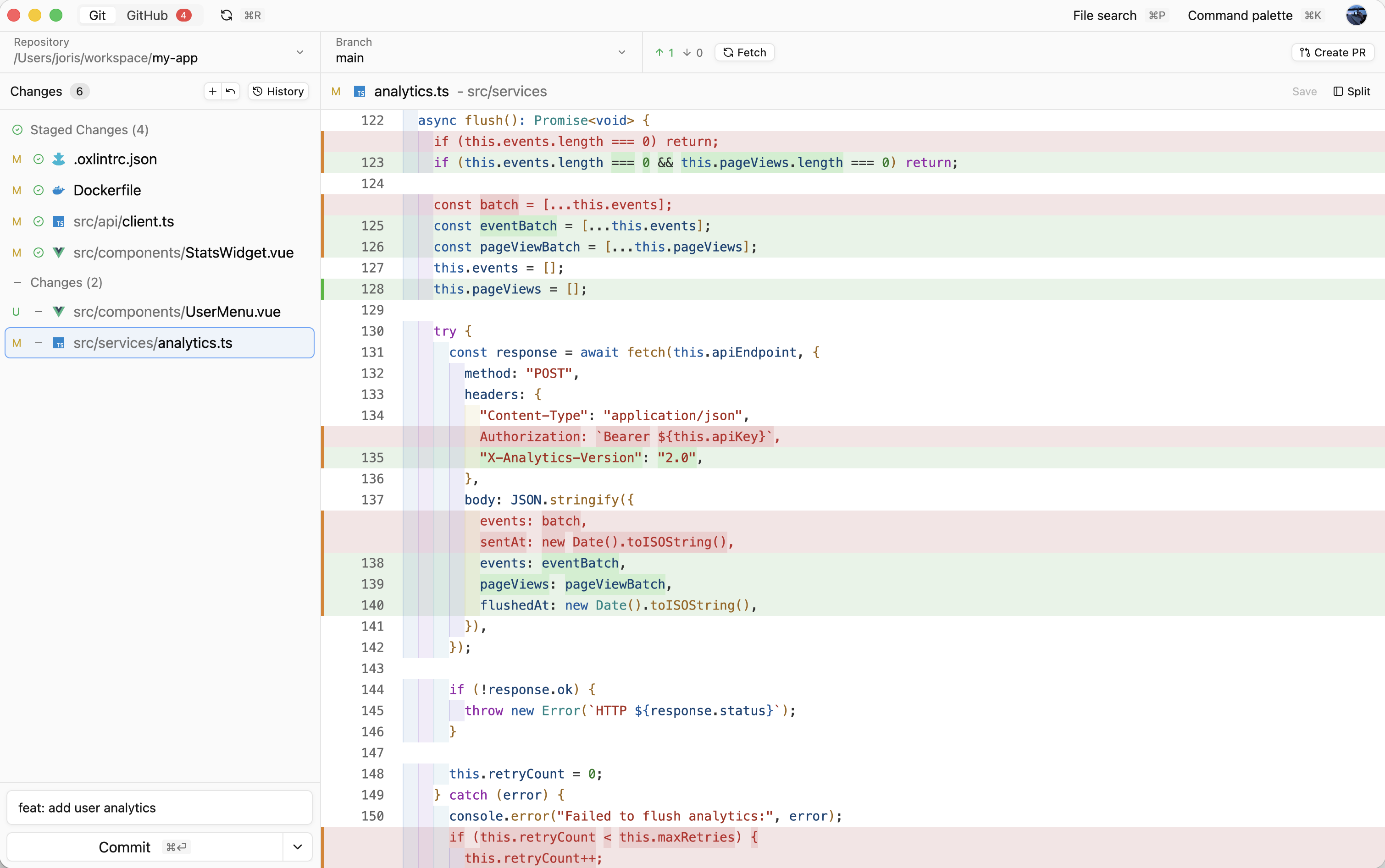 Reviu local Git screen with staged and unstaged files plus a split diff.