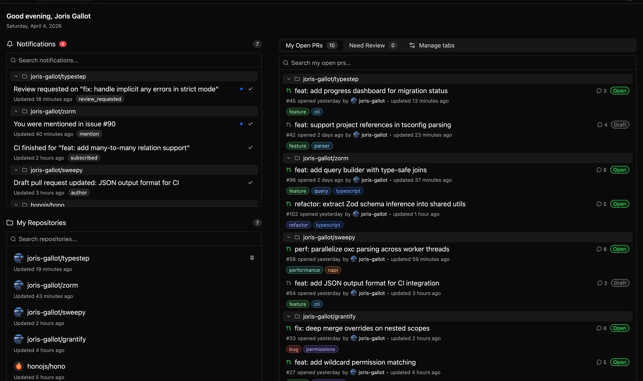 Reviu GitHub home screenshot in dark mode