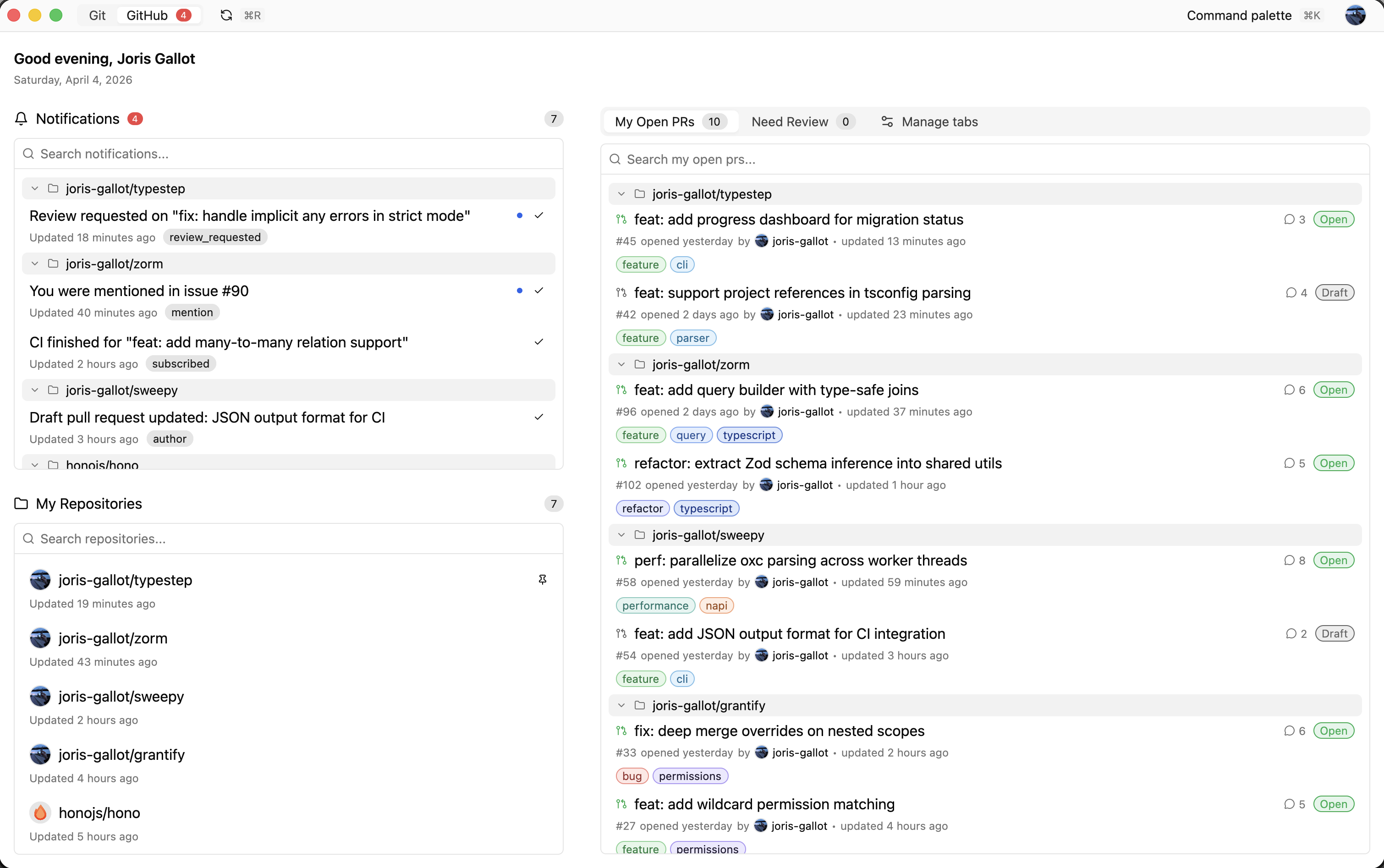 Reviu GitHub home screen with notifications and pull request lists.