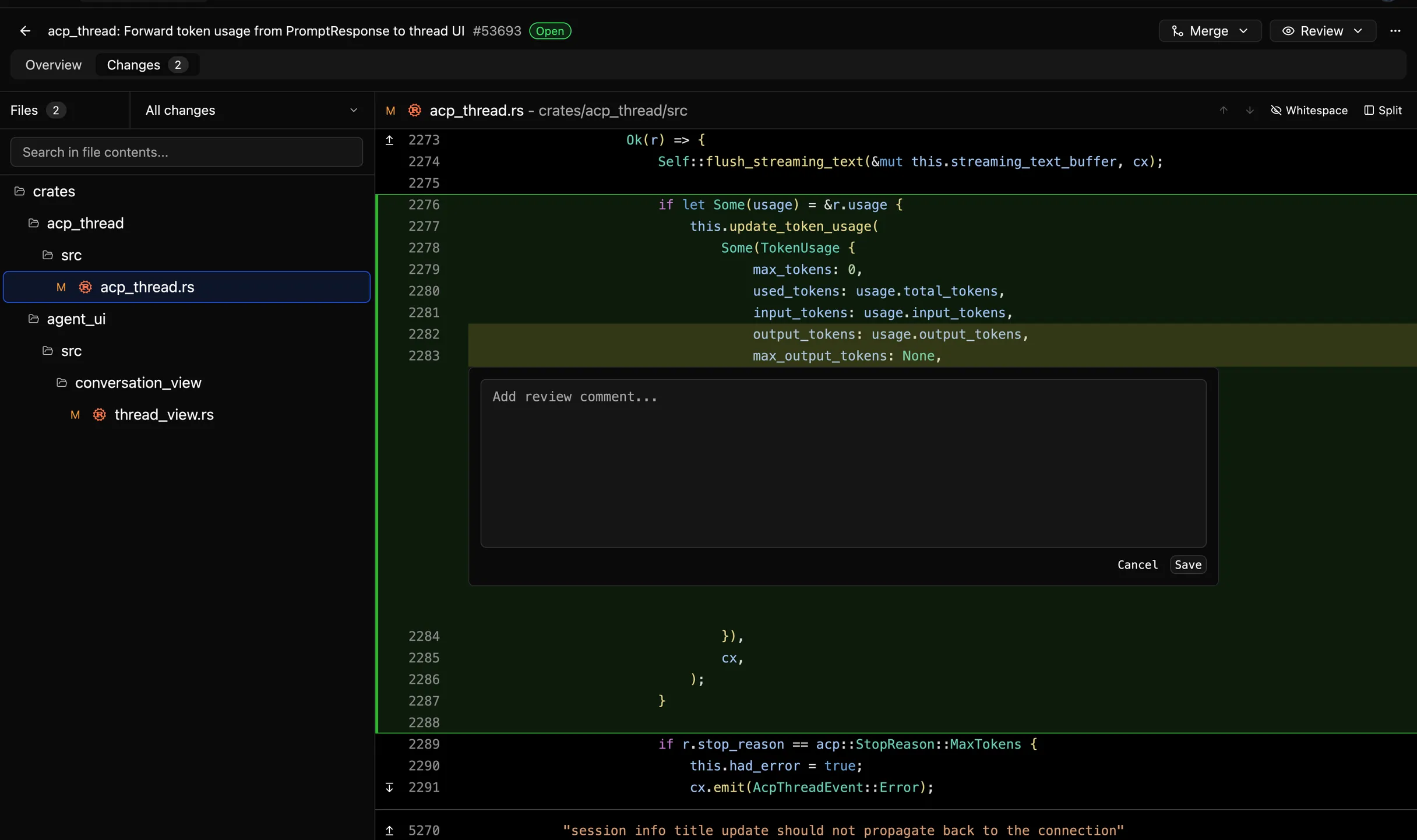 Reviu pull request review screenshot in dark mode