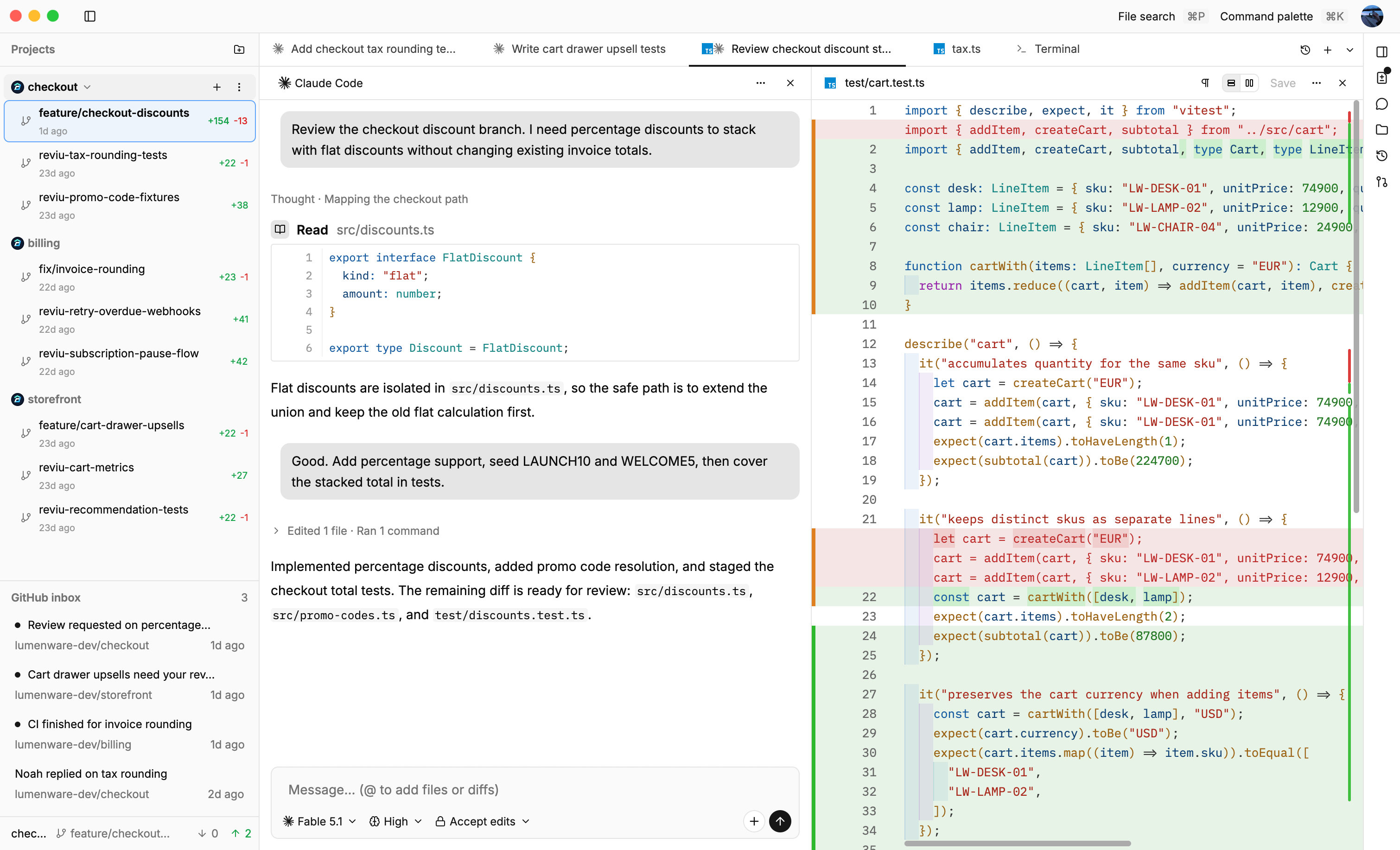 Reviu workspace with an agent conversation, local diff, and Git changes.