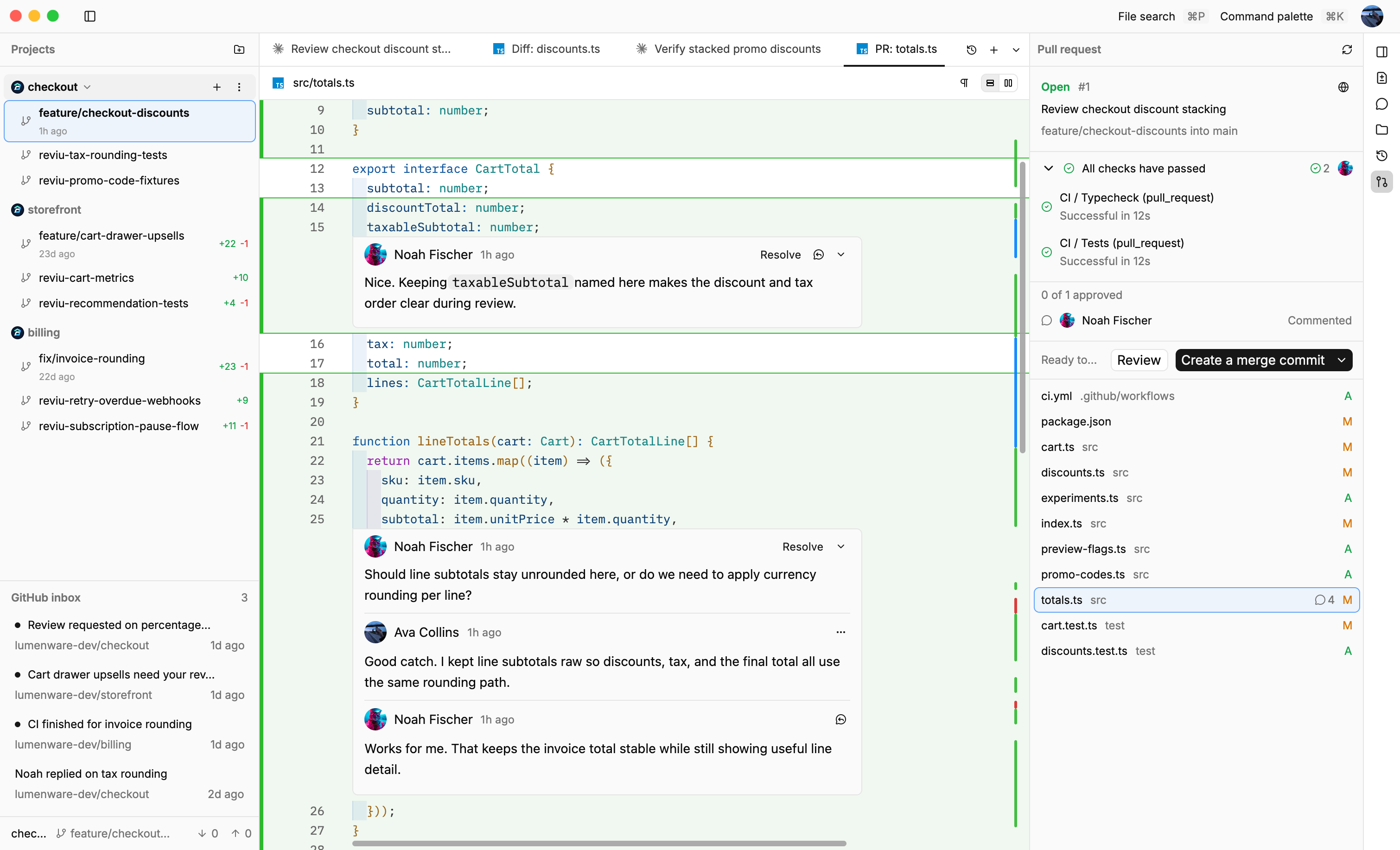 Reviu workspace with a pull request, changed files, checks, and review context in the dock.