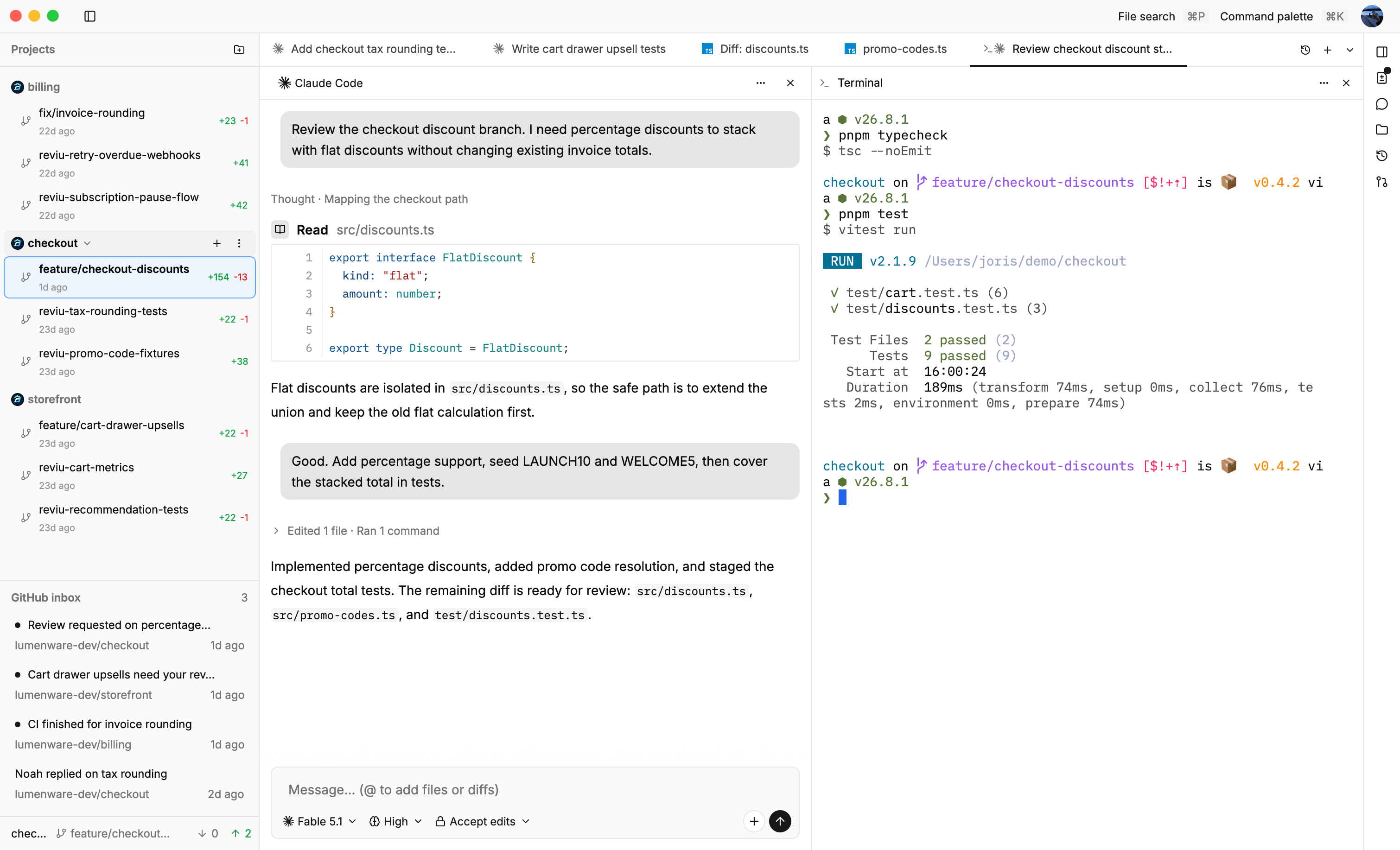 Reviu agent sessions and review workspace.